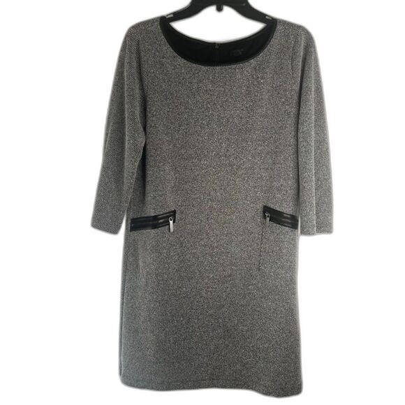 Ann Taylor Gray Tweed Scoop Neck Dress Faux Leather Pocket‎ Trim Womens Medium - Picture 1 of 10
